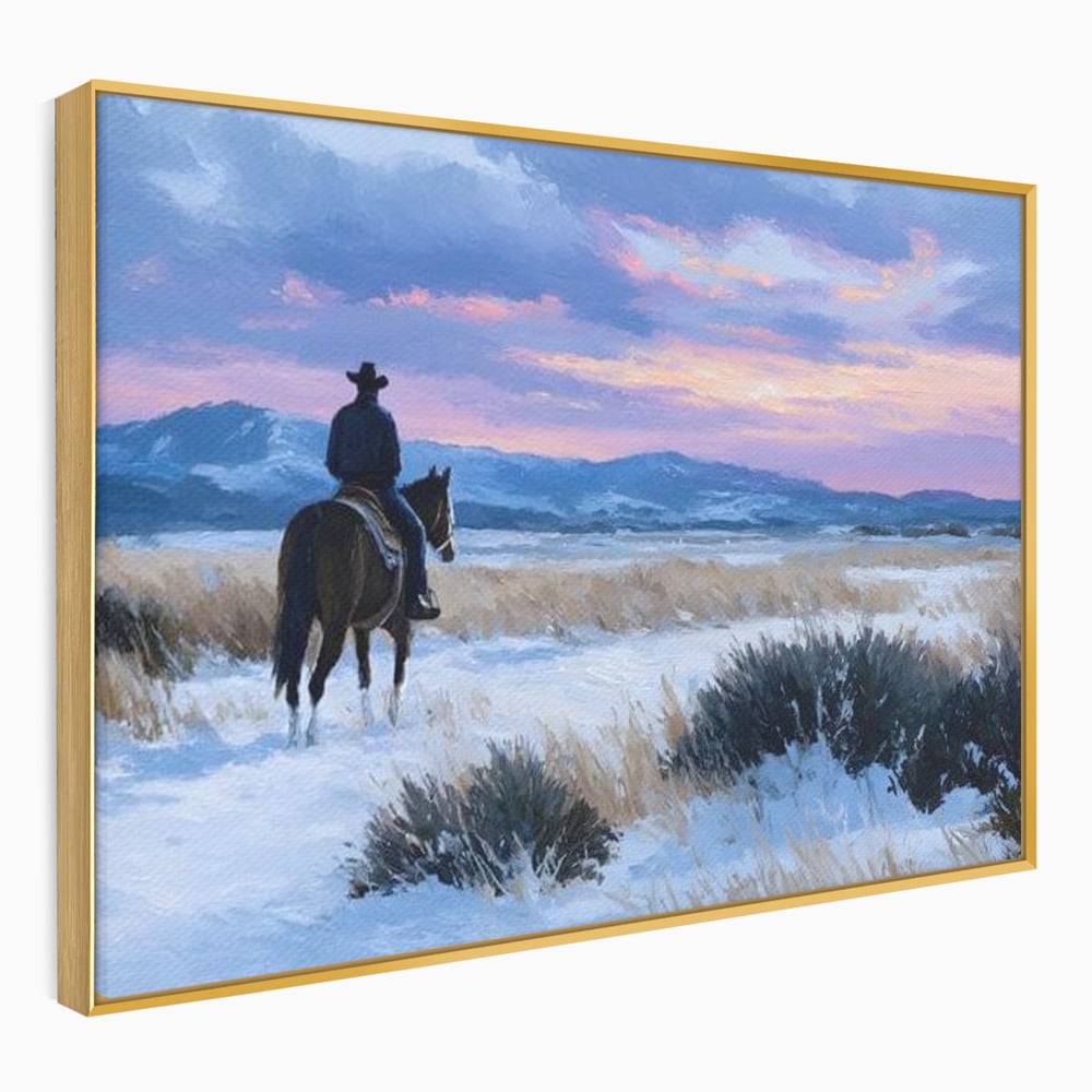 Tablou canvas cu pictura cu calaret cowboy in zapada, in rama de aluminiu auriu